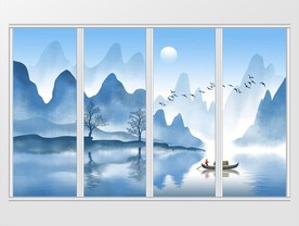 新中式蓝色水墨山水画移门