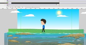 太阳出来人走过小溪边动画8秒