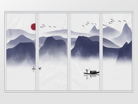中式水墨手绘意境山水移门
