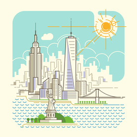 纽约城市卡通简笔彩色画矢量图