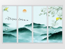 新中式花鸟意境山水画移门