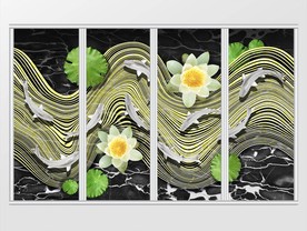 新中式九鱼图金色抽象线条移门