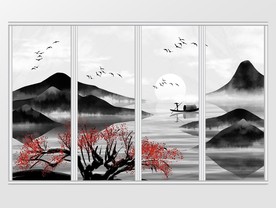 手绘中式水墨山水意境移门