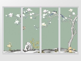 中式仿手绘工笔花鸟移门