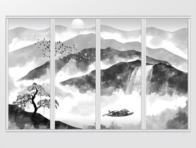 新中式手绘水墨山水画移门