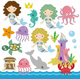 美人鱼海洋卡通矢量墙贴素材