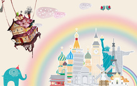 卡通动漫彩虹房屋背景墙装饰画