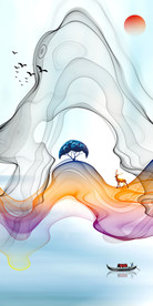 水彩新中式山水玄关装饰画