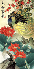 家和富贵孔雀荷花玄关装饰画