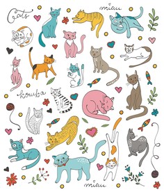 可爱手绘猫咪矢量墙贴素材