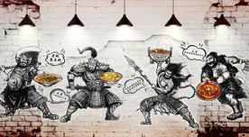 手绘复古传统美食背景墙壁画