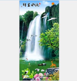 流水生财玄关背景墙山水装饰画