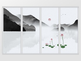 中国风睡莲水墨山水移门