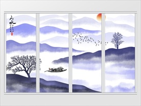 新中式简约蓝色水墨山水移门