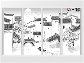 新中式手绘江南水乡水墨移门