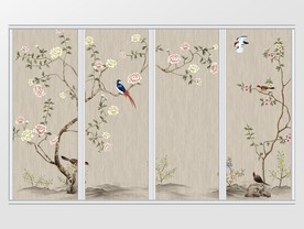 新中式仿手绘素雅花鸟移门