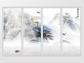 新中式水墨山水仙鹤游移门