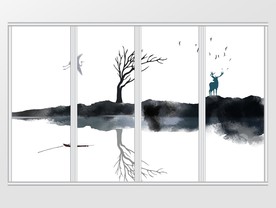 山水麋鹿枯枝移门