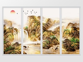 新中式水墨金山飞鸟移门