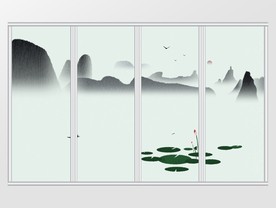 中国风简约夏荷水墨远山移门