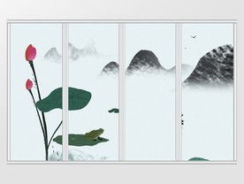 中国风夏荷水墨烟雨移门