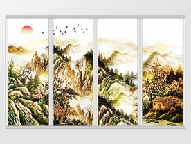 新中式山水金色风景意境移门