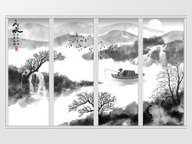 新中式水墨田园山水移门