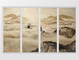 新中式水墨云端高山飞鹤移门