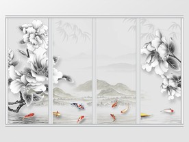 中国风复古色牡丹花九鱼图移门