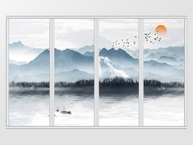 中式山水丛林麋鹿飞鸟移门