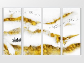 中式金色风景水墨山水移门