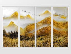 中式山水金色风景抽象移门