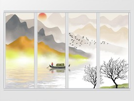 新中式山水背景墙水墨移门