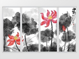 新中式手绘写意水墨荷花移门