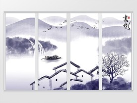 新中式意境水墨山水背景移门