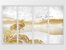 中式质感金色金箔意境山水移门