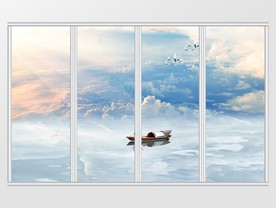 新中式山水碧海蓝天移门