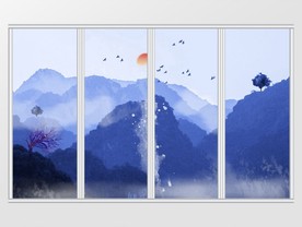 新中式抽象水墨山水飞鸟移门