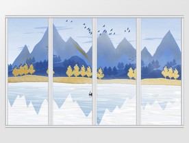 新中式金箔线条抽象山水移门