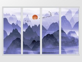 新中式手绘山水飞鸟移门