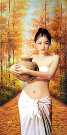 抱陶女油画玄关背景墙