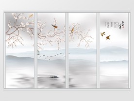 新中式山水花开富贵飞鸟移门