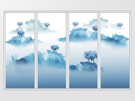 新中式抽象云山水墨山水移门