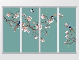 中式花鸟蜡画树枝移门
