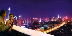 城市夜景阳台情侣红酒