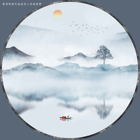 高清蓝色简约山水画装饰画