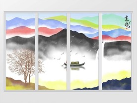 新中式彩色山水画移门