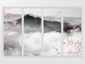 新中式水墨山水桃花移门