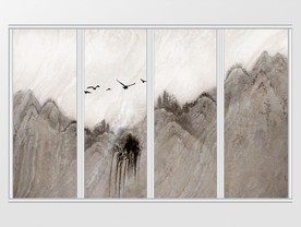 新中式水墨高山飞鸟移门