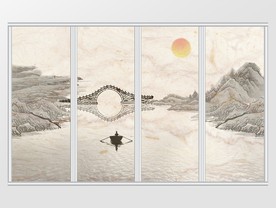 新中式水墨朝阳小船拱桥移门